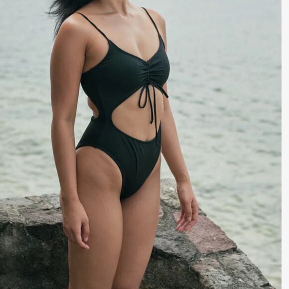 Womens Triangle Swisuit Hollowed Sexy Solid Color Black Size M - Picture 3 of 5